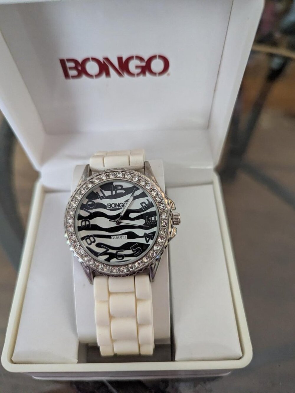 Ladies Bongo Silver Tone Sparkly Zebra Dial White Rubber Band Watch